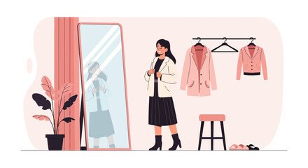 Woman Tries On Clothes In Front Of Mirror In Her Dressing Room