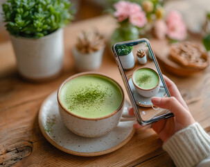 Woman taking a photo of matcha latte with her smartphone.