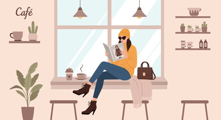 Stylish Woman Reading Magazine In A Cozy Cafe During The Daytime