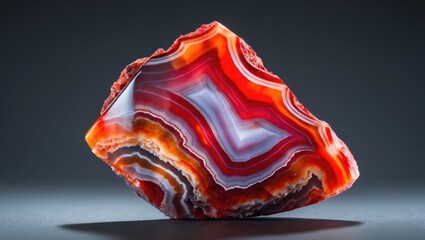 A polished red and white agate stone with layered patterns and a shiny surface.
