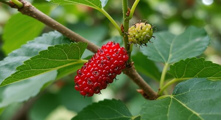Ripe mulberry fruit hanging on branch with green leaves close up