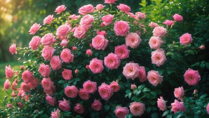 Cluster of pink roses in full bloom with lush green foliage in the background.
