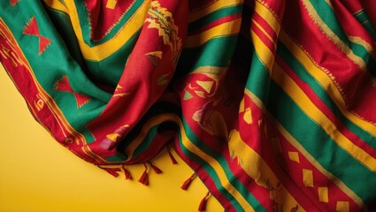 Fototapeta premium Colorful woven fabric with striped and geometric patterns on a yellow background. Traditional textile design with vibrant colors and intricate details.