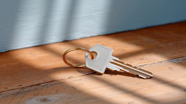 Golden hour in minimalist scene, A single metal key on a golden keyring rests on a sunlit wooden surface.