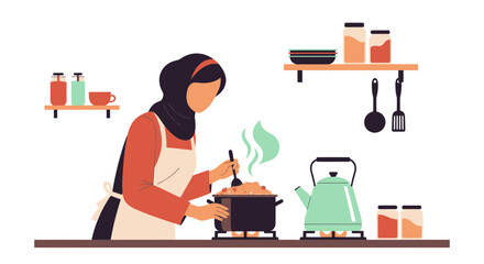 Fototapeta premium Woman In Hijab Preparing Delicious Food At Home In A Modern Kitchen