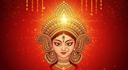 Illustration of Hindu Goddess Durga with ornate crown and red background