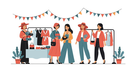 Stylish Women Enjoying A Fashionable Flea Market Shopping For Clothes And Accessories