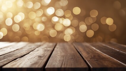 Blurred lights and wooden surface with bokeh background. Warm tones and textured wood. Cozy and inviting ambiance.