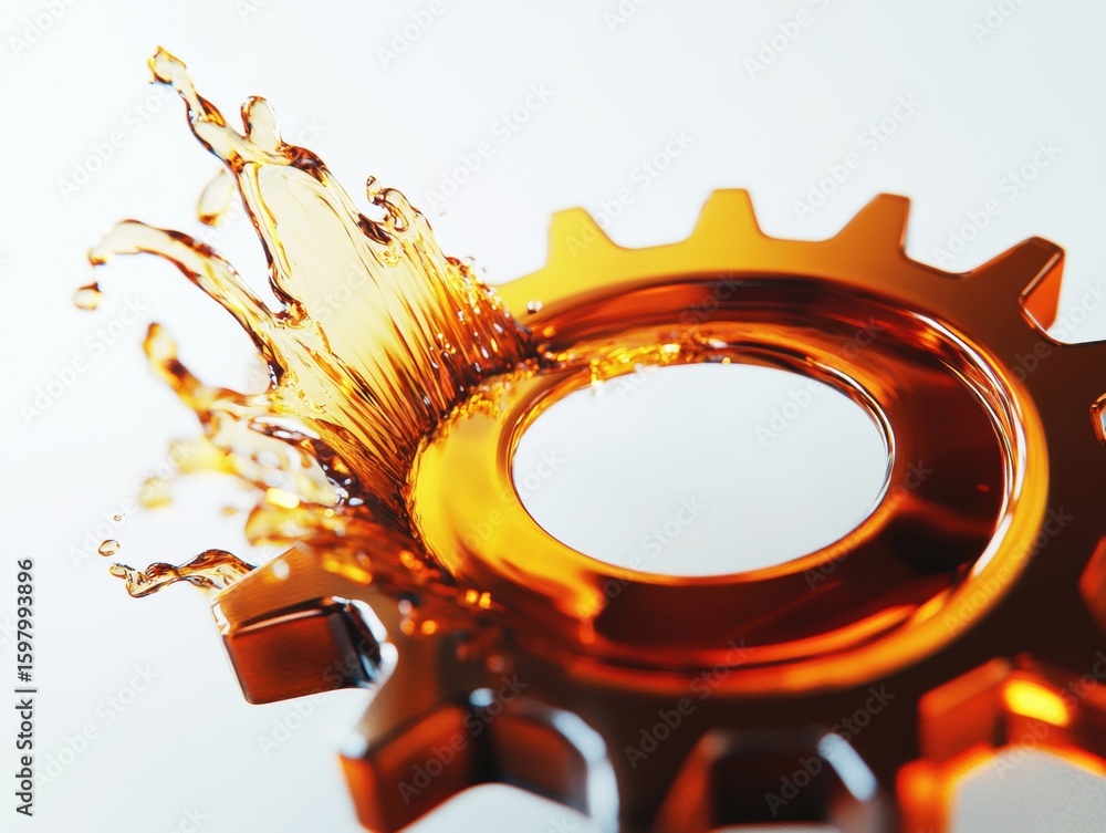Poster droplets of amber liquid erupt from a metallic gear, creating a dynamic visual. the contrast between