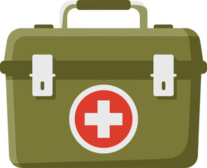 Obraz premium A sturdy, olive-green first aid kit with a red cross, symbolizing medical emergency readiness, health care, and essential safety supplies for various situations