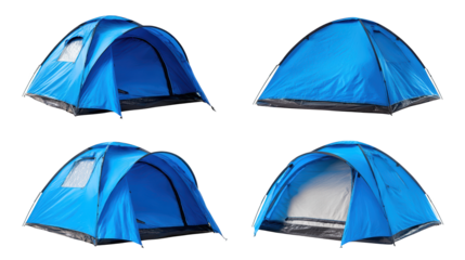 Four blue camping tents one open, one closed, nestled under a clear sky, perfect for outdoor adventures