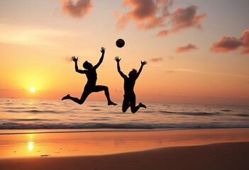 Two silhouetted figures leaping for a volleyball on a sunset beach, outdoor, beach volleyball