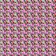seamless floral pattern A vibrant geometric pattern composed of circles, squares, and semi-circles in red, green, pink, and black tones. The elements are arranged within a grid-like structure, forming