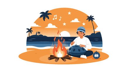 Sunset Melodies Man Plays Hang Drum By Bonfire At Tropical Beach