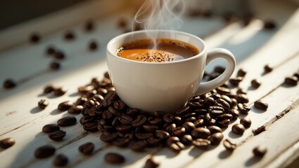 Fototapeta premium A steaming cup of coffee surrounded by coffee beans on a wooden surface.