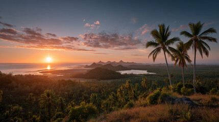 breathtaking sunset unfolding over lush tropical forests of oceania where vibrant hues of orange pink and purple