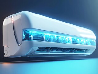 Modern air conditioning unit with blue illumination in stylish design