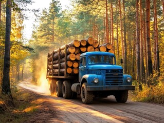 Old blue truck transporting logs through a forest in autumn
