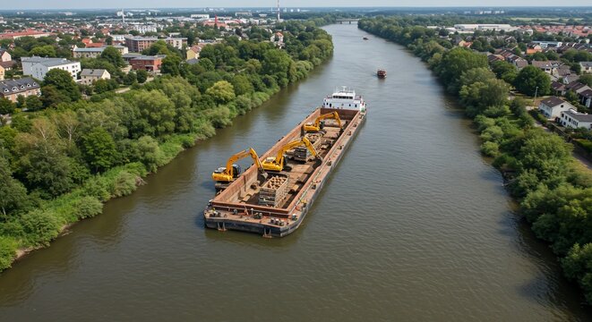 River transportation with heavy machinery on barge for industrial use