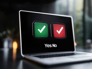 A laptop screen shows a clear decision-making interface featuring green check and red cross buttons labeled yes and no. The setting is dimly lit, creating a focused ambiance.