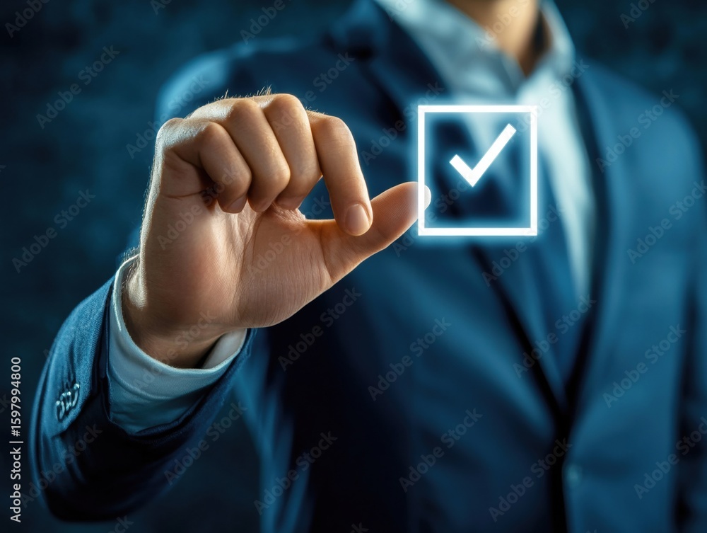 Poster a man in a business suit interacts with a digital display, highlighting a checkbox with a check mark