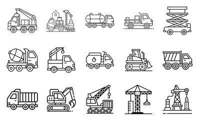 Construction vehicle line icon set. Vector pictograms of bulldozer, loader, grader, paver, roller, utility, concrete mixer, thin linear illustration on white background.