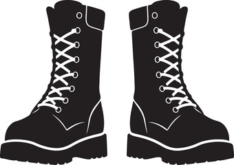 A pair of robust black military combat boots with white laces, ideal for themes of soldier life, army, outdoor adventures, and durable footwear