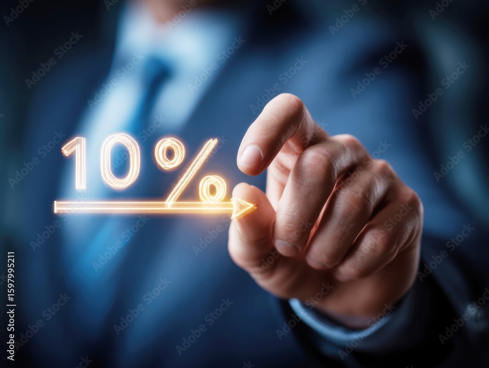 Poster a business professional is pointing at a glowing 10 percent symbol on a digital interface, emphasizi