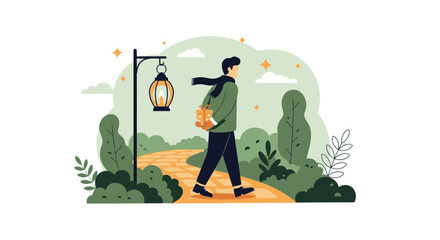 Romantic Evening Stroll Presenting Gift On Pathway Under Glowing Lantern