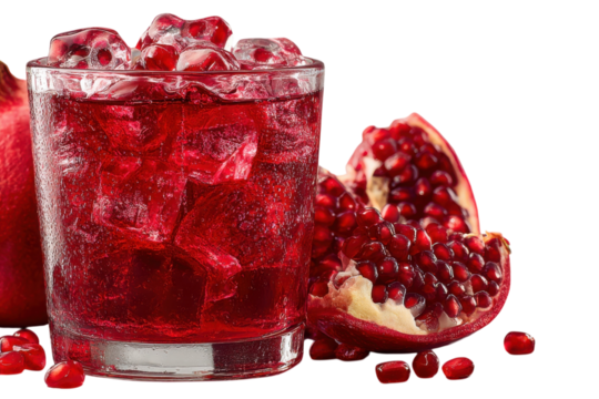 Refreshing pomegranate cocktail with ice Ruby red drink Summer cooler Tropical juice Garnet elixir