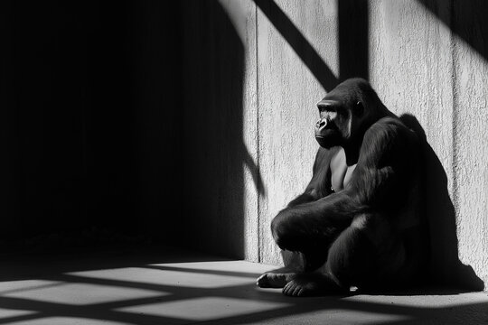Gorilla in shadow showing solitude and wildlife contrast at the zoo with nature's calm strength