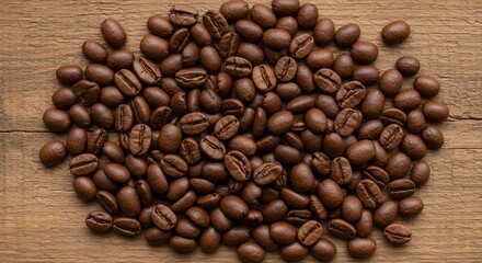 Fototapeta premium Roasted coffee beans pile on rustic wood overhead close up