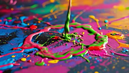 Pink and neon green paint pours onto a canvas, forming an abstract background. Bright colors splash and mix, creating a vibrant artistic display. - Powered by Adobe