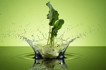 Green plant emerging from a dynamic water splash with ripples on a green background