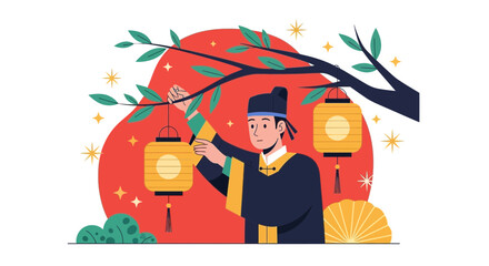 Traditional Festival Celebration Asian Man Hanging Lanterns Under The Tree Branch