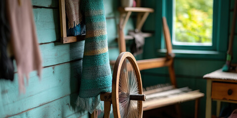 Wooden Spinning Wheel and Handwoven Textiles in Rustic Room
