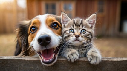 A dog and a kitten share a sweet and heartwarming close up.
