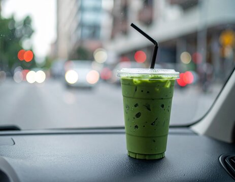 Iced Matcha Latte in Plastic Cup on Car Dashboard