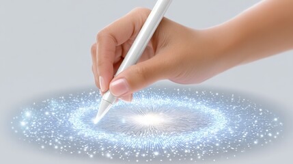 Tech entrepreneur sketching innovative ideas on a digital canvas modern workspace high-tech environment close-up perspective