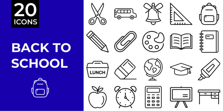 Back to school icon set featuring educational supplies and objects  