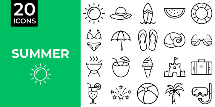 Summer icon set featuring sun, beach, and outdoor activities