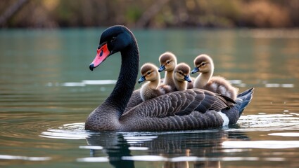 A black swan with five ducklings on its back swimming in water.