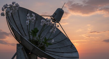Satellite dish transmitting flowers against the sunset sky creative concept