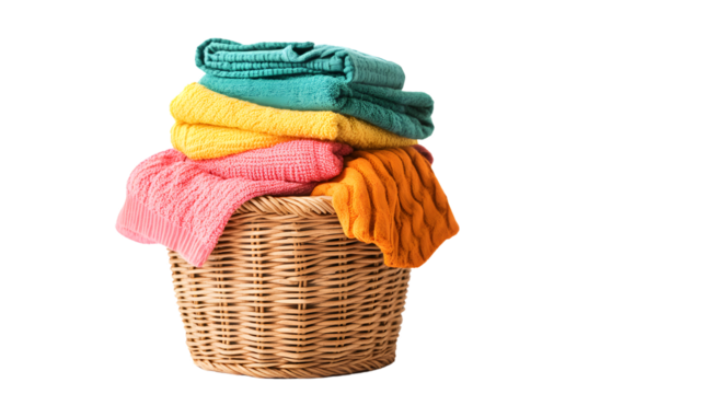 Neatly Stacked Clean Laundry and Wicker Basket; Fresh Laundry Concept