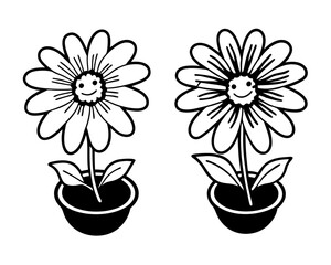 Two happy flower faces in pots silhouette