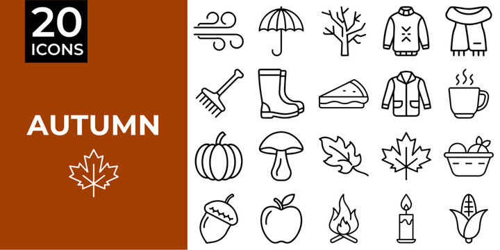 Autumn-themed icon set featuring seasonal elements and symbols  