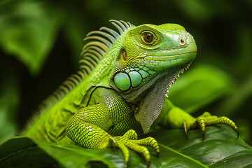 Obraz premium Iguana reptile basking in green nature, jungle wildlife with exotic scales and claws