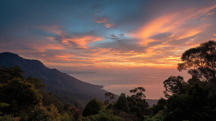 breathtaking sunset unfolding over lush tropical forests of oceania where vibrant hues of orange pink and purple