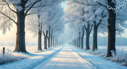 A serene winter road lined with snow covered trees under a soft hazy sky