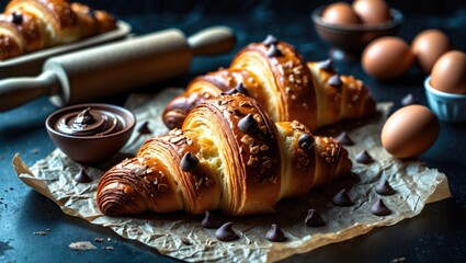 Freshly baked croissants with chocolate chips on crinkled parchment, surrounded by eggs and a small bowl of chocolate spread, on a rustic dark surface.